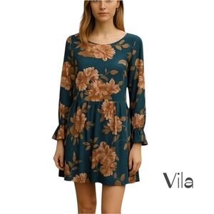 VILA Blue Floral Ruffled Long Sleeve Dress NWOT Size S